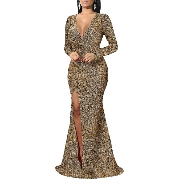 Women's Sequin Maxi Dress Long Sleeve V Neck High Slit Formal Gown - Picture 2 of 7
